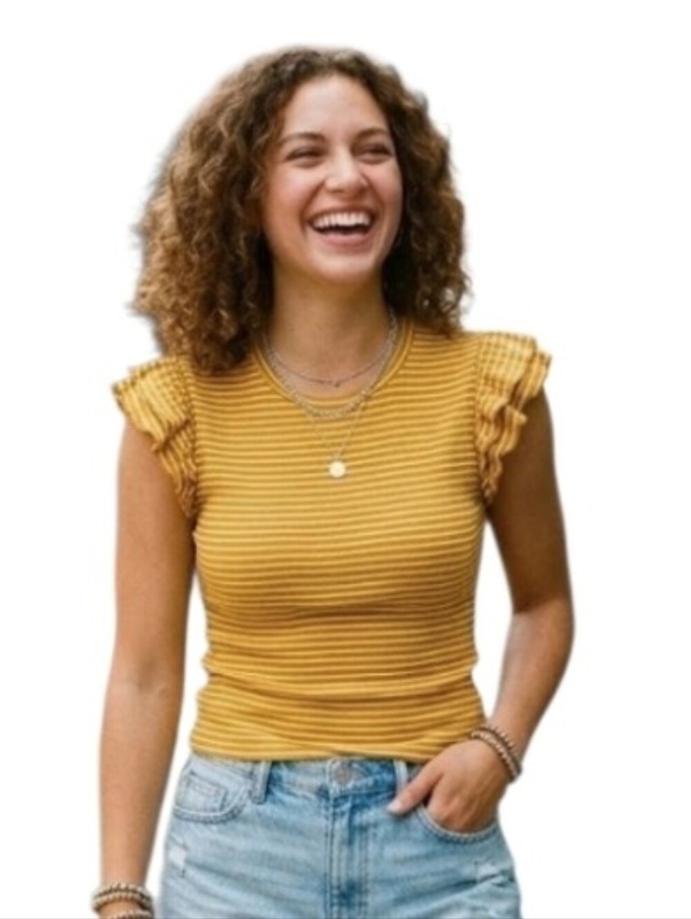 Jessica Simpson Mustard Yellow Striped Ruffle Sleeve Tank